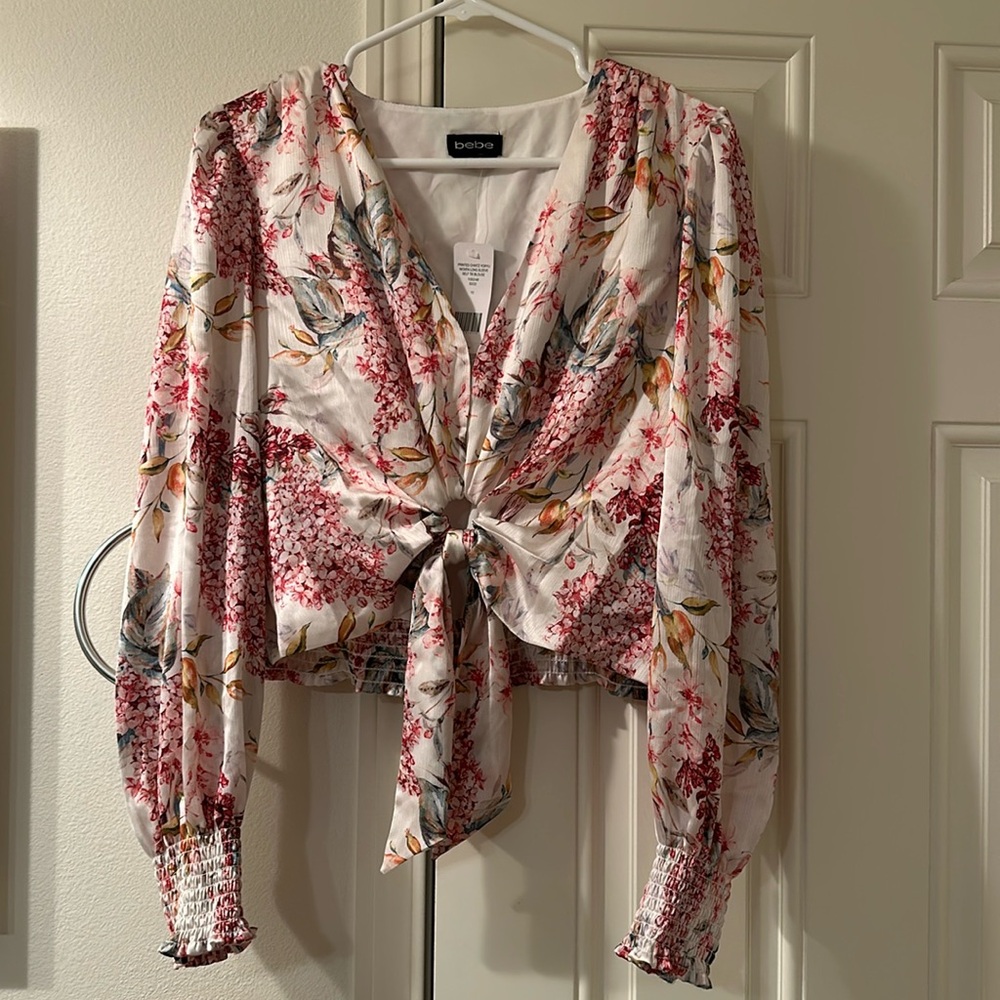 Bebe tie front long sleeve blouse